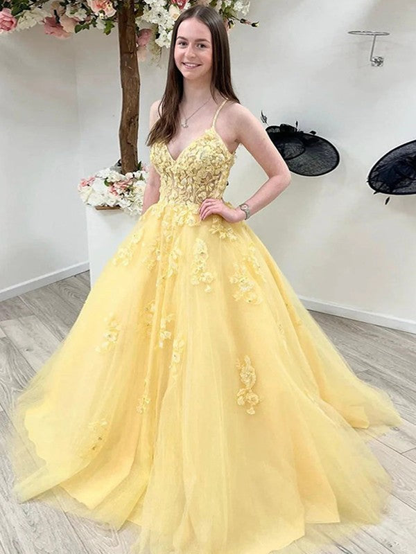 Ball Gown Tulle Applique V-neck Sleeveless Sweep/Brush Train Prom Dress