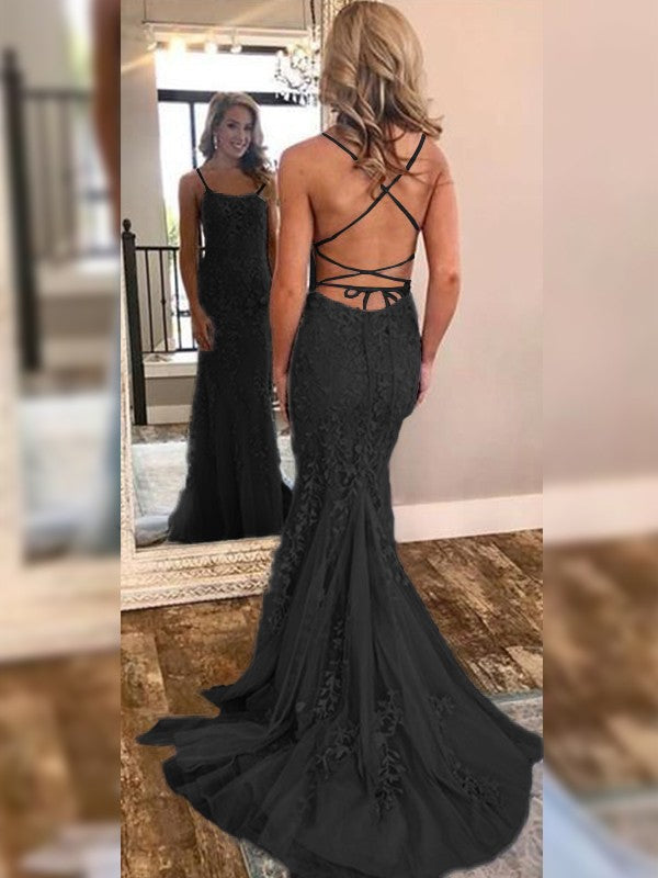 Mermaid Sleeveless Off-the-Shoulder Sweep/Brush Train With Lace Tulle Prom Dress