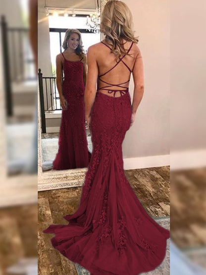 Mermaid Sleeveless Off-the-Shoulder Sweep/Brush Train With Lace Tulle Prom Dress