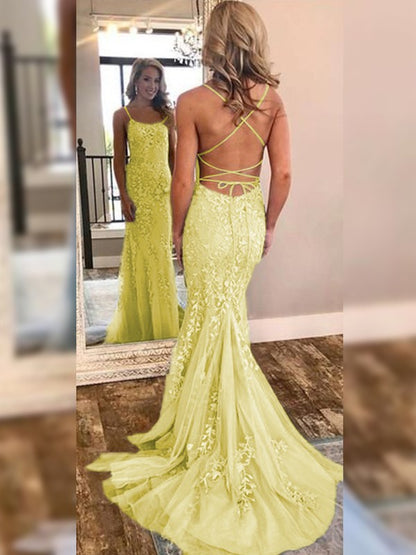 Mermaid Sleeveless Off-the-Shoulder Sweep/Brush Train With Lace Tulle Prom Dress