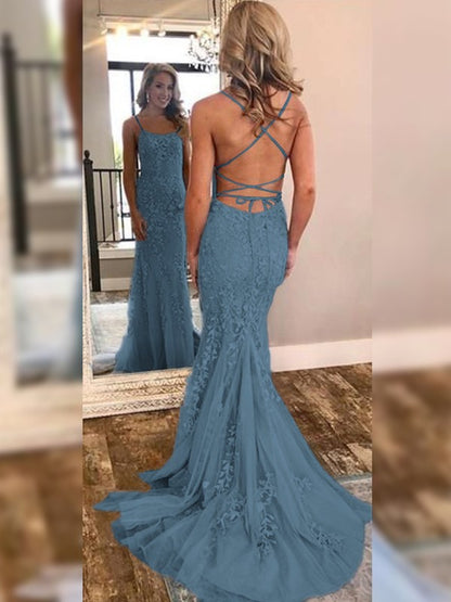 Mermaid Sleeveless Off-the-Shoulder Sweep/Brush Train With Lace Tulle Prom Dress