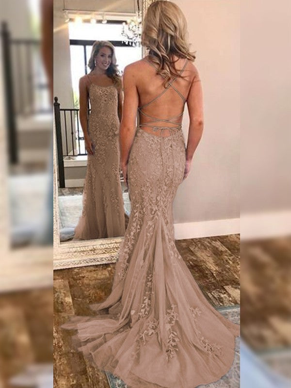 Mermaid Sleeveless Off-the-Shoulder Sweep/Brush Train With Lace Tulle Prom Dress