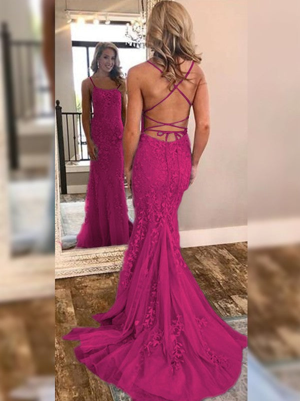 Mermaid Sleeveless Off-the-Shoulder Sweep/Brush Train With Lace Tulle Prom Dress