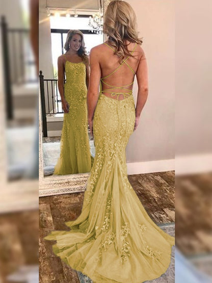 Mermaid Sleeveless Off-the-Shoulder Sweep/Brush Train With Lace Tulle Prom Dress