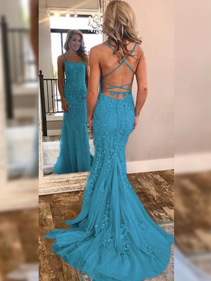 Mermaid Sleeveless Off-the-Shoulder Sweep/Brush Train With Lace Tulle Prom Dress