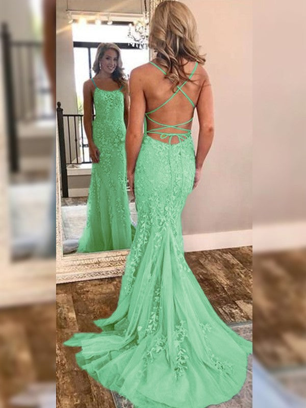 Mermaid Sleeveless Off-the-Shoulder Sweep/Brush Train With Lace Tulle Prom Dress