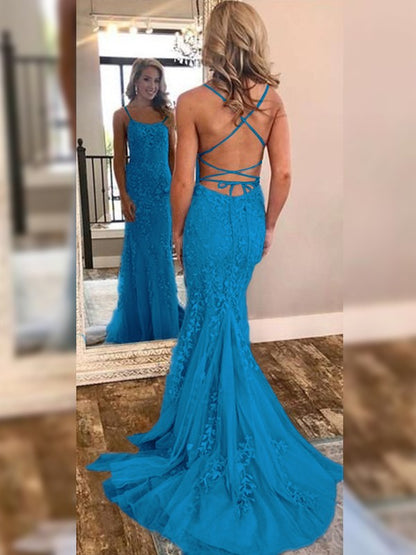 Mermaid Sleeveless Off-the-Shoulder Sweep/Brush Train With Lace Tulle Prom Dress