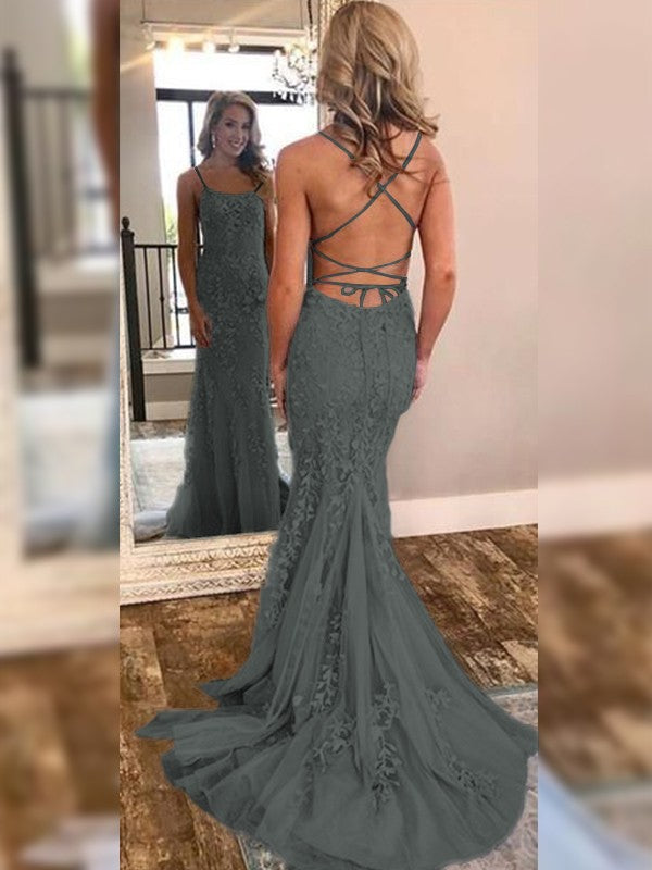 Mermaid Sleeveless Off-the-Shoulder Sweep/Brush Train With Lace Tulle Prom Dress