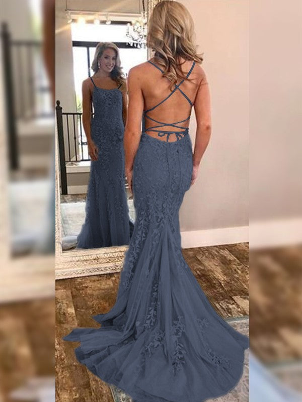 Mermaid Sleeveless Off-the-Shoulder Sweep/Brush Train With Lace Tulle Prom Dress