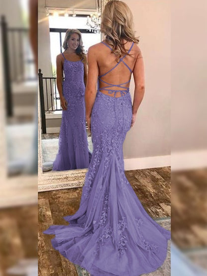 Mermaid Sleeveless Off-the-Shoulder Sweep/Brush Train With Lace Tulle Prom Dress