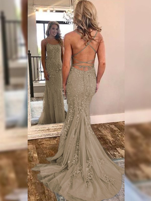 Mermaid Sleeveless Off-the-Shoulder Sweep/Brush Train With Lace Tulle Prom Dress