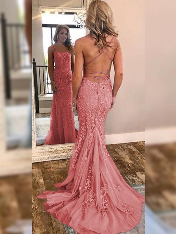 Mermaid Sleeveless Off-the-Shoulder Sweep/Brush Train With Lace Tulle Prom Dress