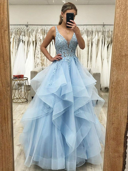 Touch of Texture Princess Style Tulle Applique V-neck Sleeveless Floor-Length Corset Prom Dress