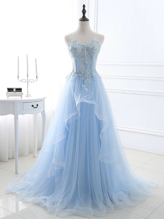 A-Line/Princess Tulle Applique Sweetheart Sleeveless Sweep/Brush Train Prom Dress