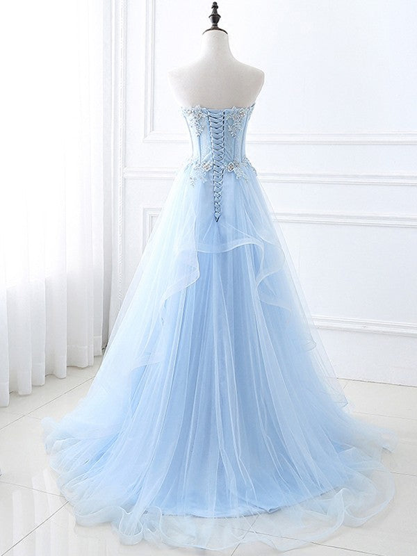 A-Line/Princess Tulle Applique Sweetheart Sleeveless Sweep/Brush Train Prom Dress