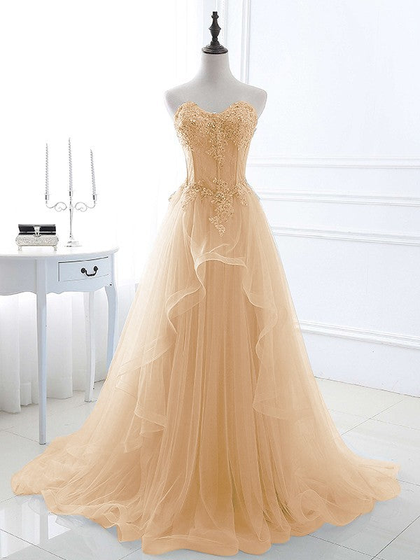 A-Line/Princess Tulle Applique Sweetheart Sleeveless Sweep/Brush Train Prom Dress