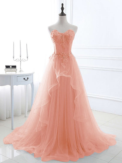 A-Line/Princess Tulle Applique Sweetheart Sleeveless Sweep/Brush Train Prom Dress