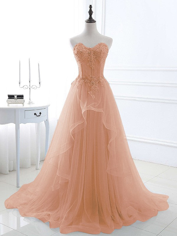 A-Line/Princess Tulle Applique Sweetheart Sleeveless Sweep/Brush Train Prom Dress