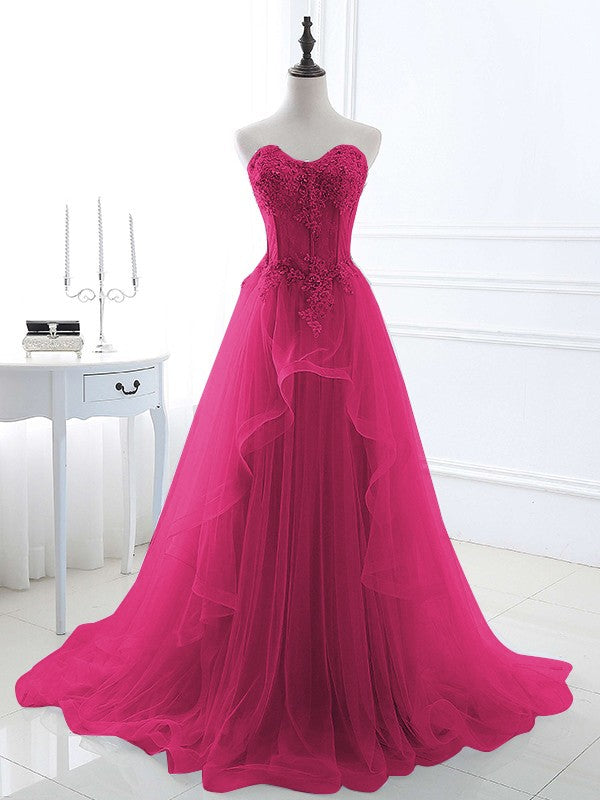 A-Line/Princess Tulle Applique Sweetheart Sleeveless Sweep/Brush Train Prom Dress