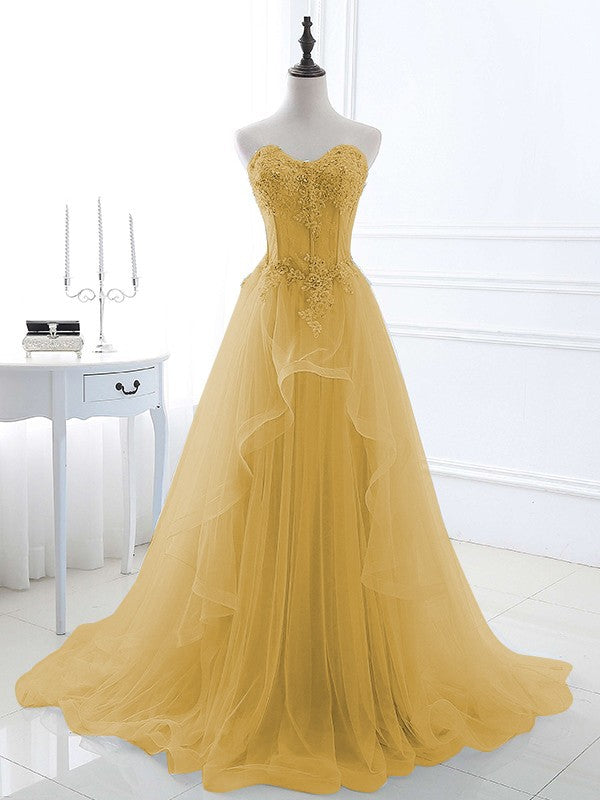 A-Line/Princess Tulle Applique Sweetheart Sleeveless Sweep/Brush Train Prom Dress