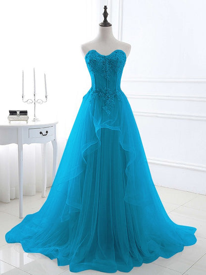 A-Line/Princess Tulle Applique Sweetheart Sleeveless Sweep/Brush Train Prom Dress