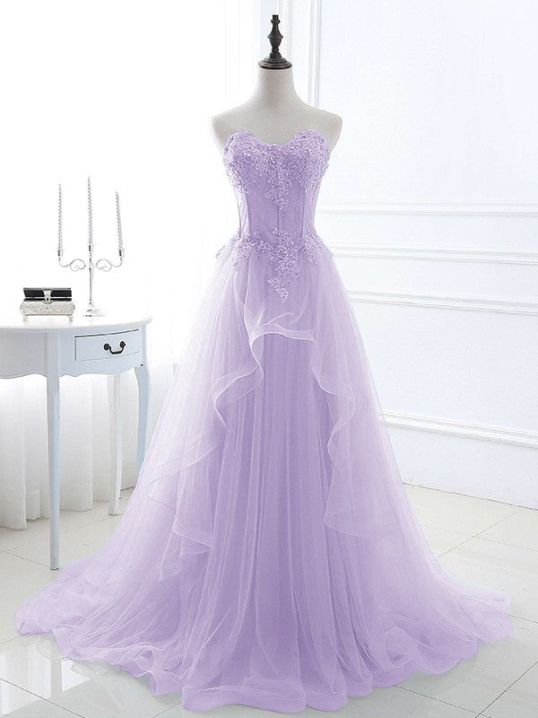 A-Line/Princess Tulle Applique Sweetheart Sleeveless Sweep/Brush Train Prom Dress