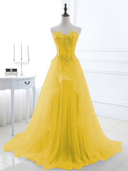 A-Line/Princess Tulle Applique Sweetheart Sleeveless Sweep/Brush Train Prom Dress