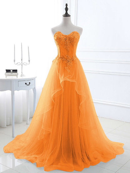 A-Line/Princess Tulle Applique Sweetheart Sleeveless Sweep/Brush Train Prom Dress