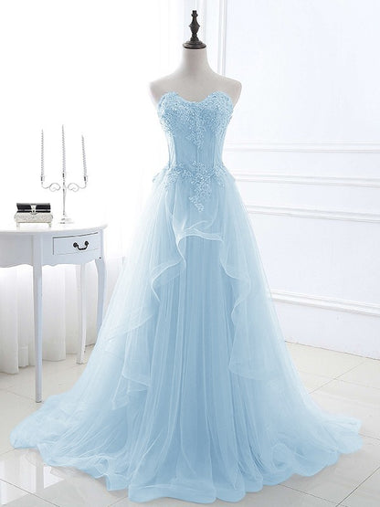 A-Line/Princess Tulle Applique Sweetheart Sleeveless Sweep/Brush Train Prom Dress