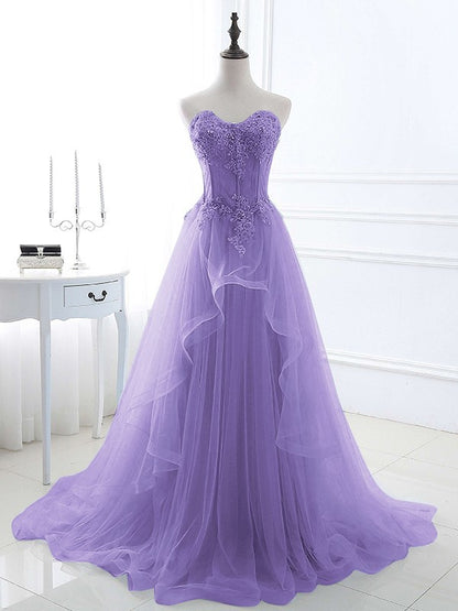 A-Line/Princess Tulle Applique Sweetheart Sleeveless Sweep/Brush Train Prom Dress