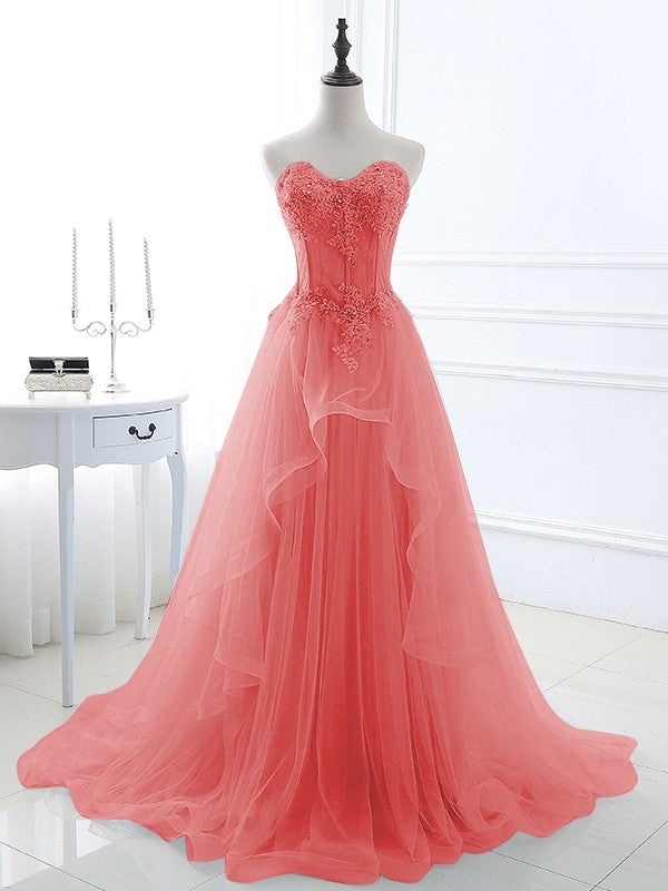 A-Line/Princess Tulle Applique Sweetheart Sleeveless Sweep/Brush Train Prom Dress