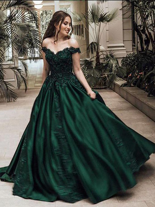 Ball Gown Off-the-Shoulder Sleeveless Floor-Length With Lace Satin Prom Dress